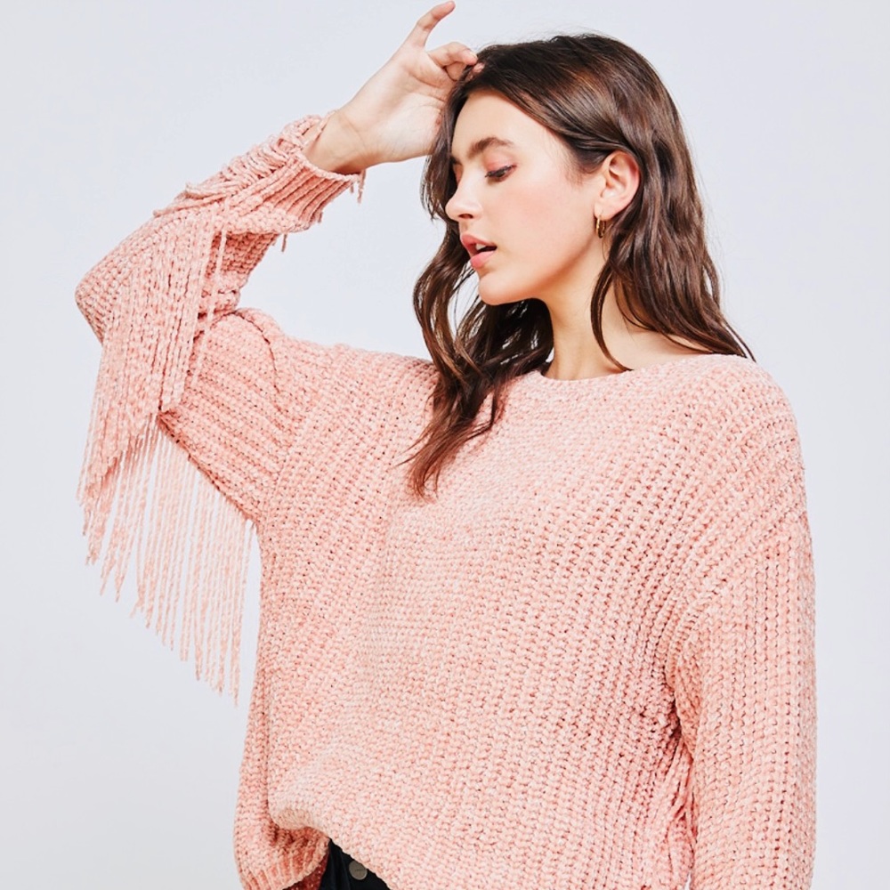 Chenille Knit Sweater with Fringe Detail Sleeves